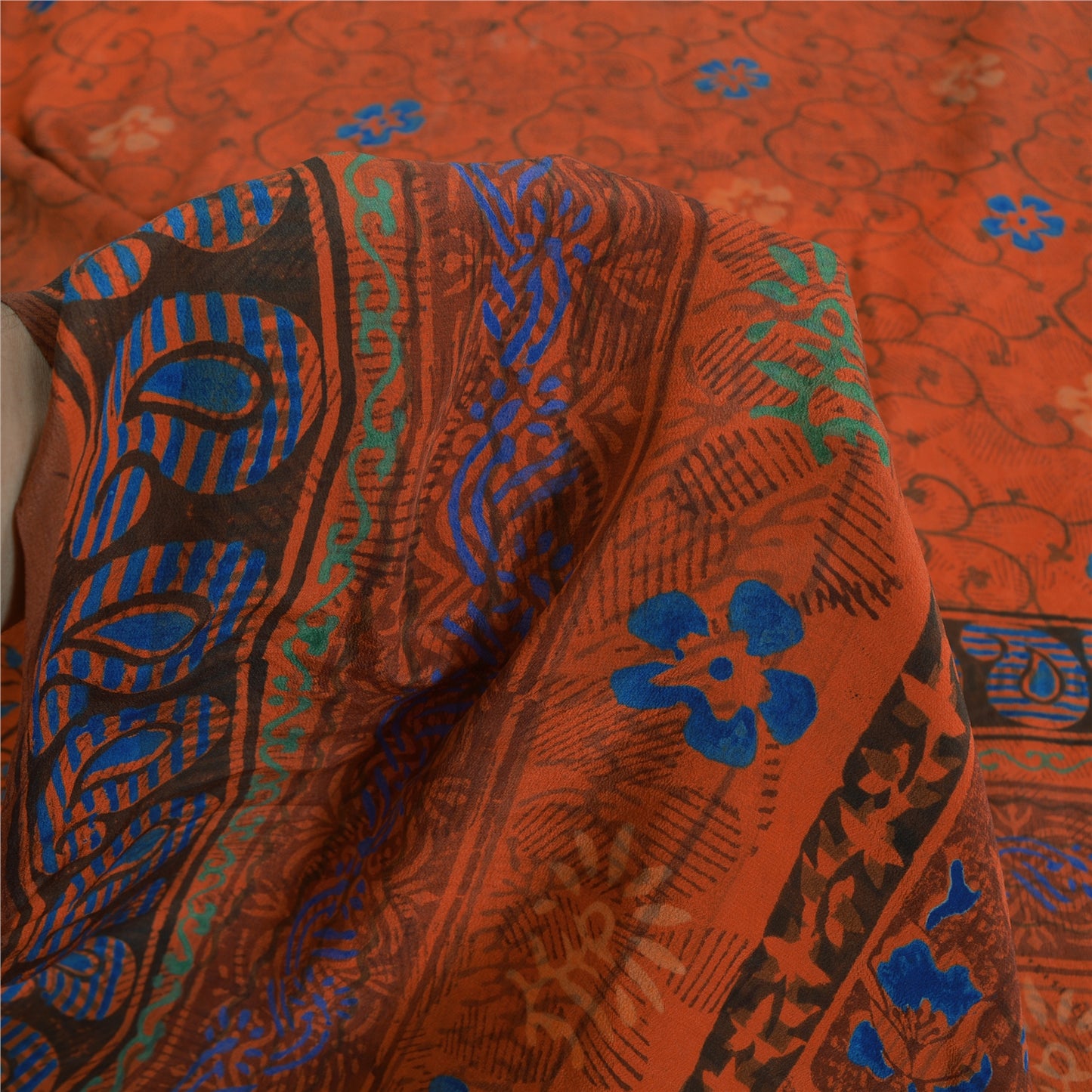 Sanskriti Vintage Sarees Orange Pure Crepe Silk Printed Sari 5yd Craft Fabric