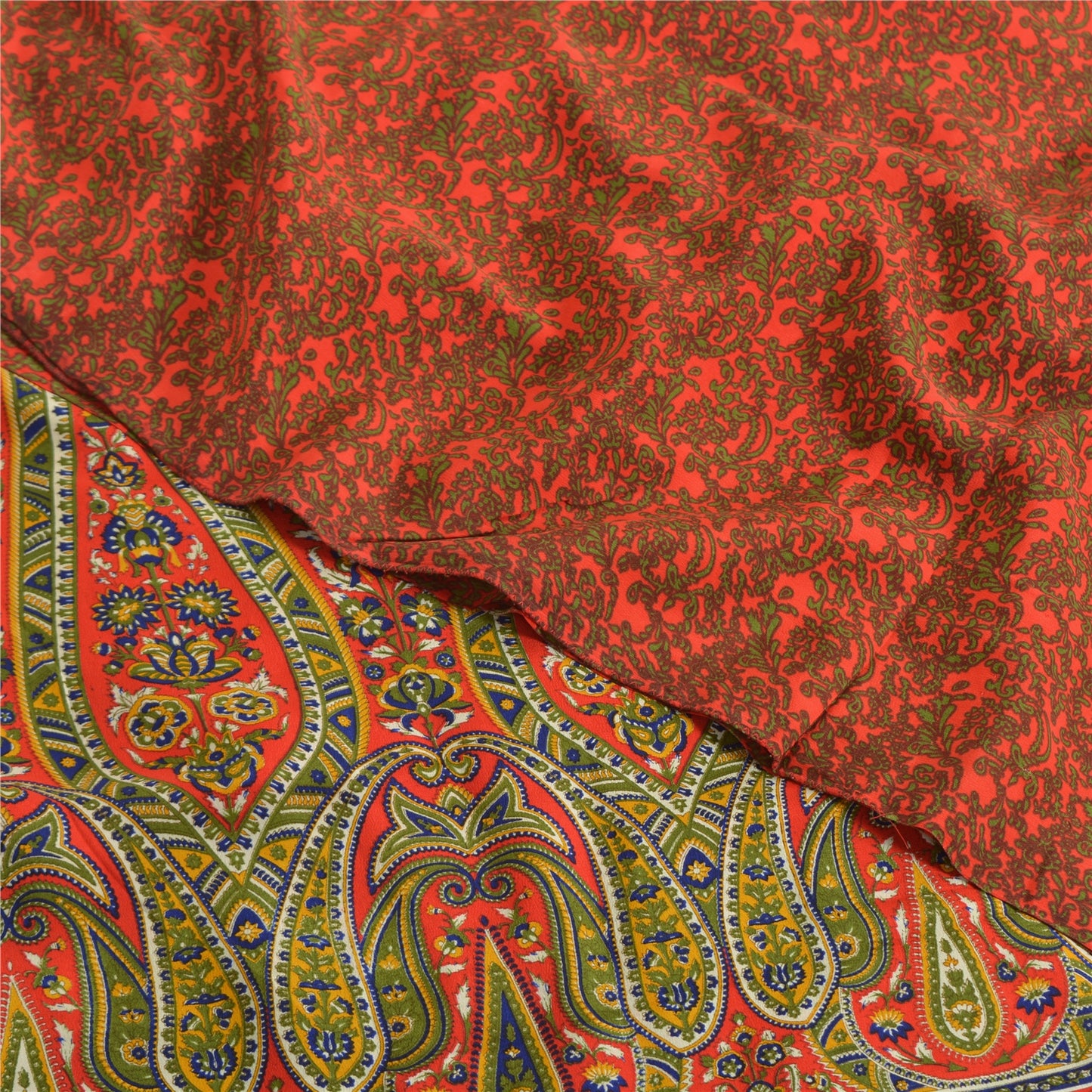 Sanskriti Vintage Sarees Orange/Green Pure Crepe Printed Sari 5yd Craft Fabric