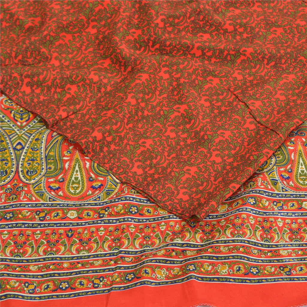 Sanskriti Vintage Sarees Orange/Green Pure Crepe Printed Sari 5yd Craft Fabric