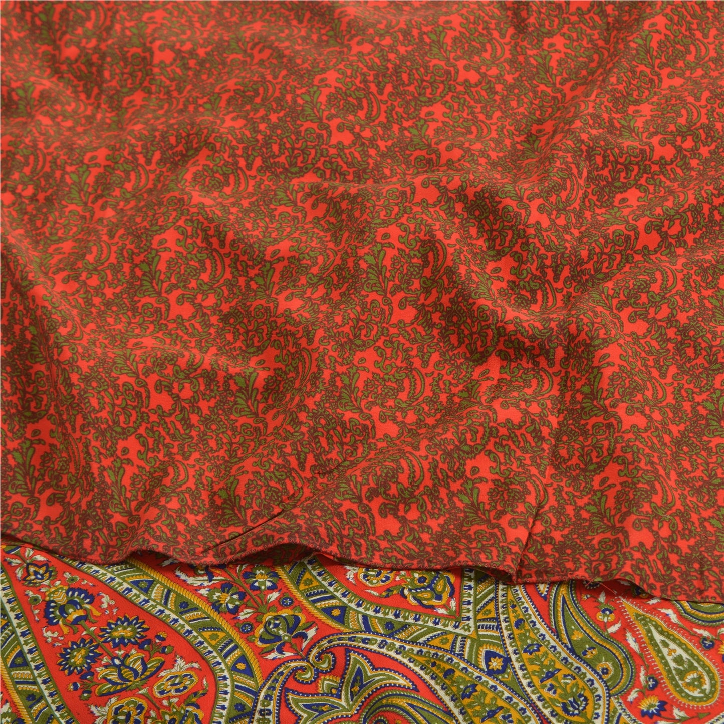 Sanskriti Vintage Sarees Orange/Green Pure Crepe Printed Sari 5yd Craft Fabric