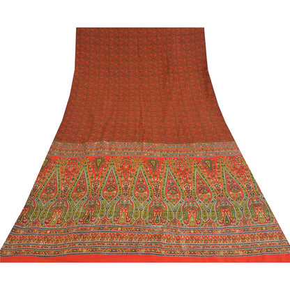 Sanskriti Vintage Sarees Orange/Green Pure Crepe Printed Sari 5yd Craft Fabric