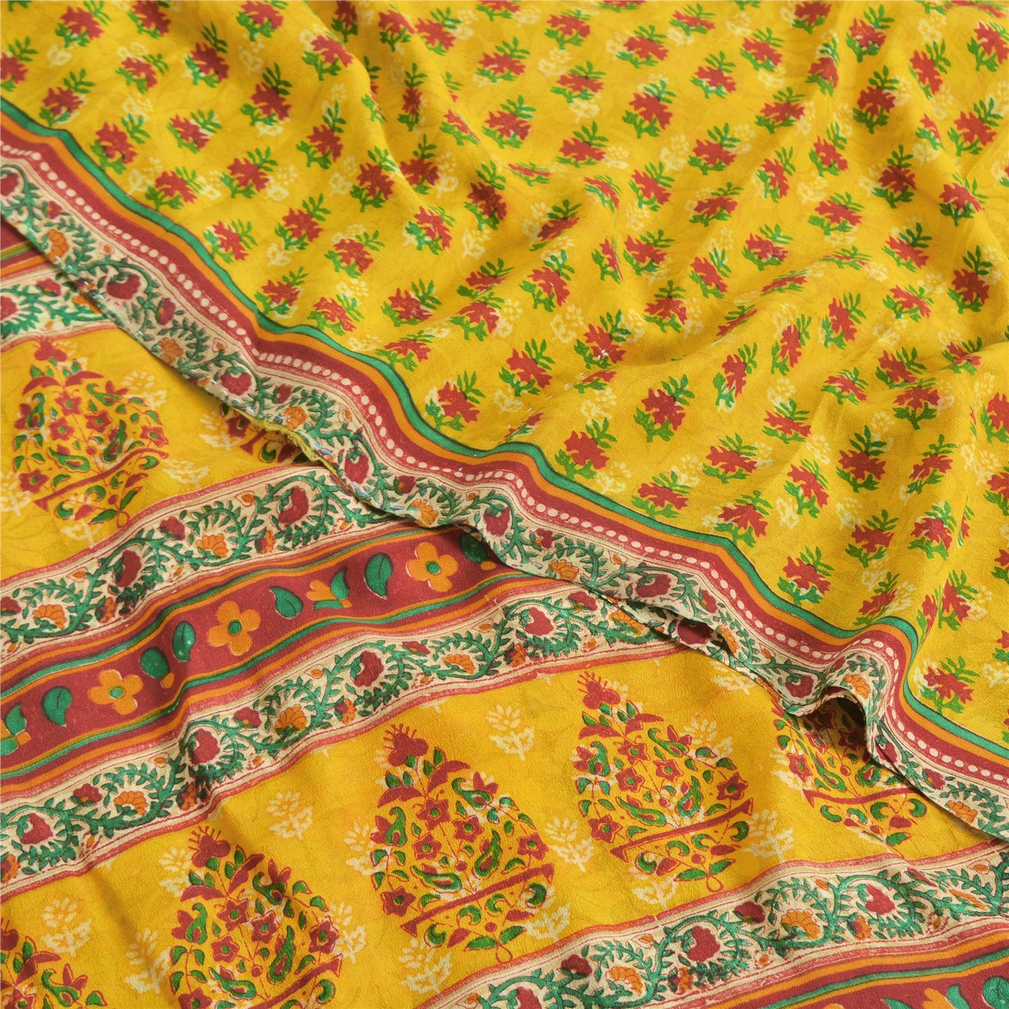 Sanskriti Vintage Sarees Yellow Pure Crepe Silk Printed Sari 5yd Craft Fabric