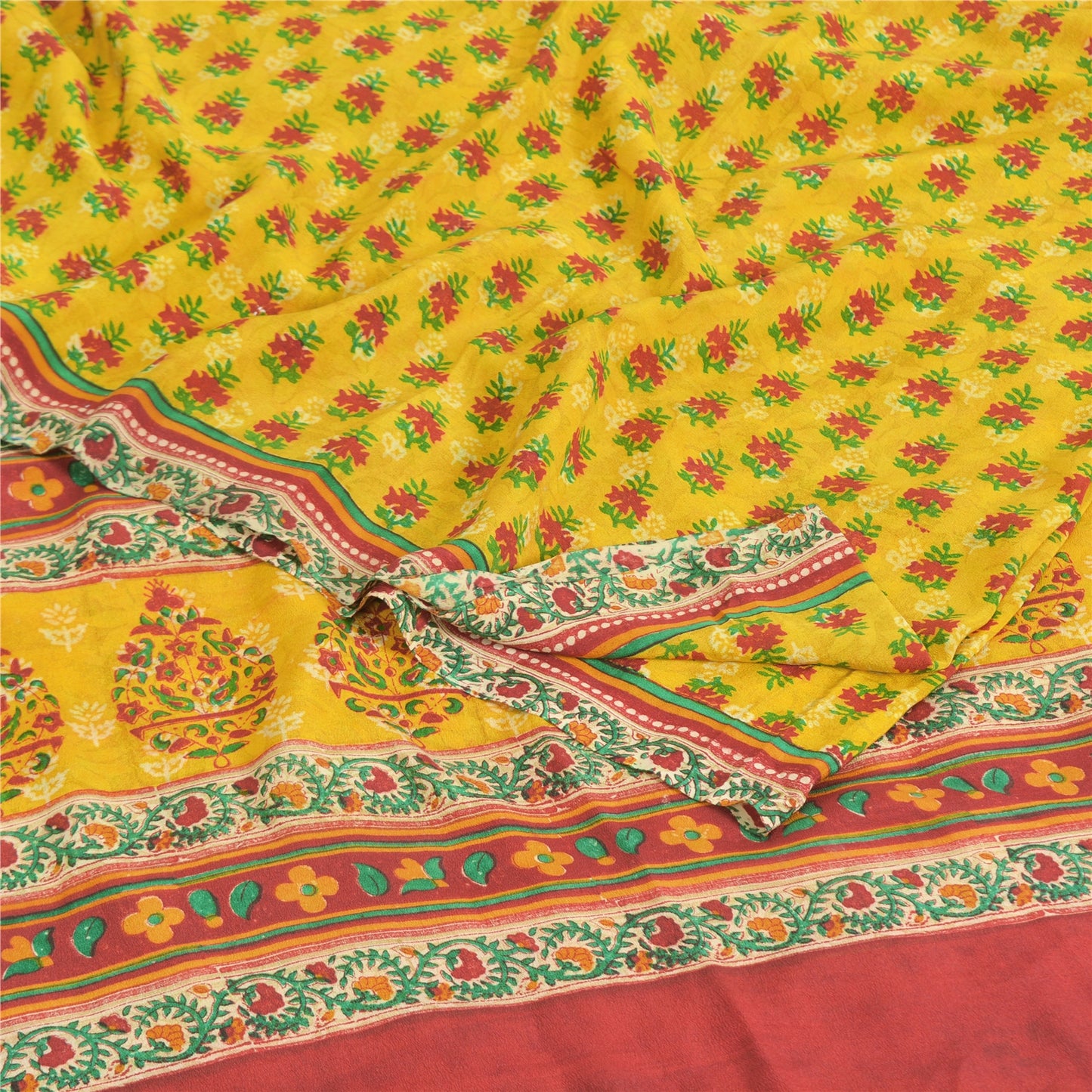 Sanskriti Vintage Sarees Yellow Pure Crepe Silk Printed Sari 5yd Craft Fabric