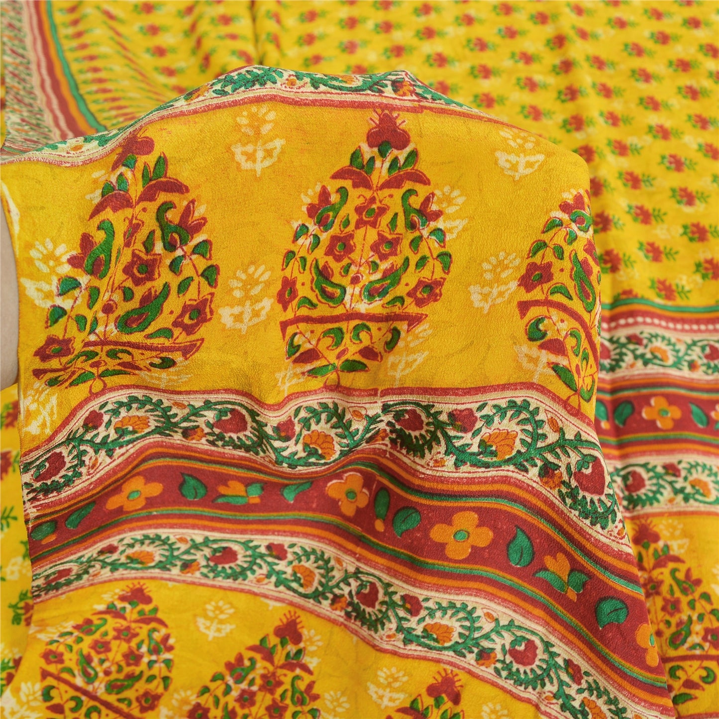 Sanskriti Vintage Sarees Yellow Pure Crepe Silk Printed Sari 5yd Craft Fabric