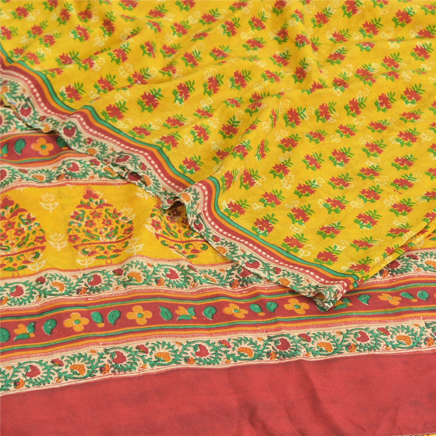 Sanskriti Vintage Sarees Yellow Pure Crepe Silk Printed Sari 5yd Craft Fabric