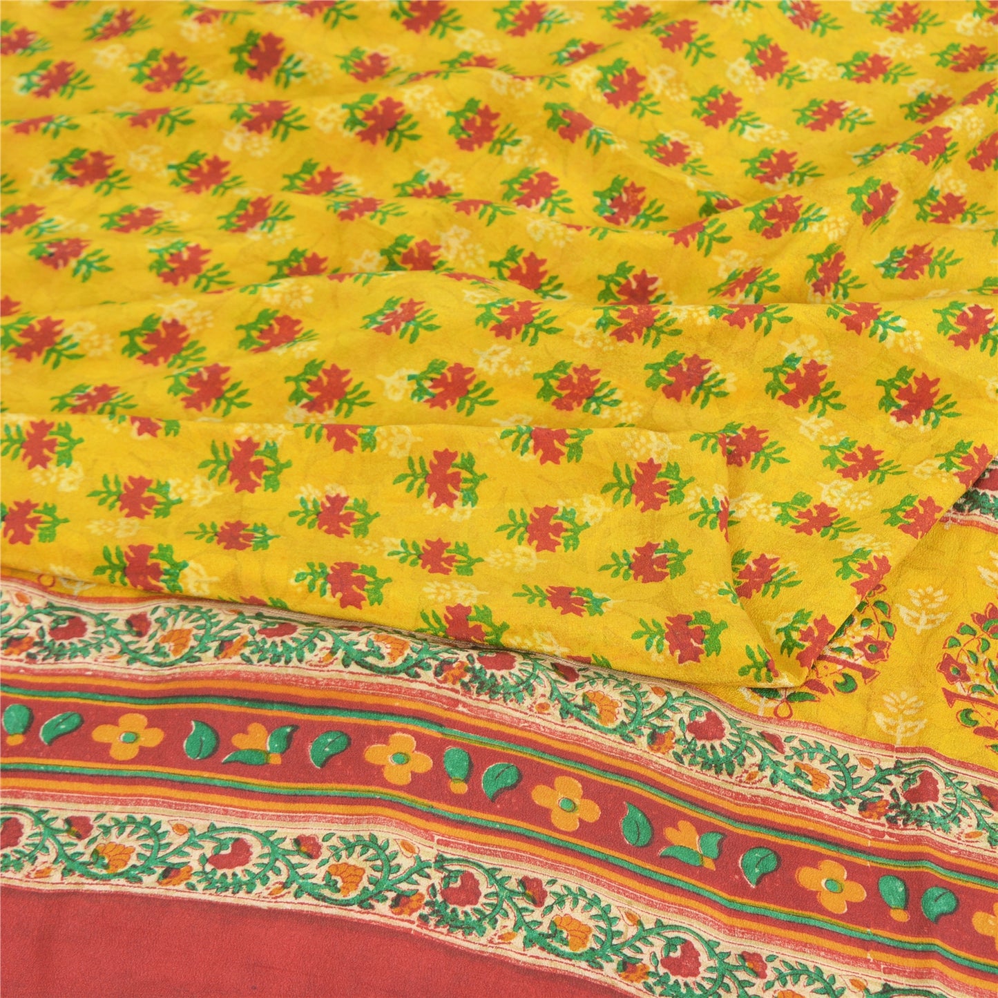 Sanskriti Vintage Sarees Yellow Pure Crepe Silk Printed Sari 5yd Craft Fabric