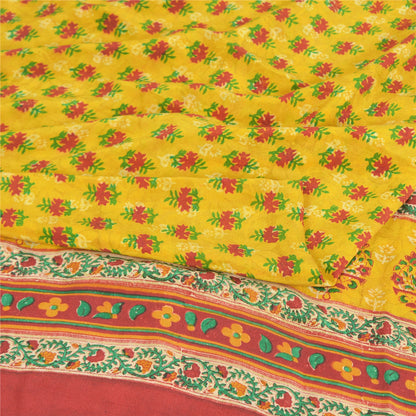 Sanskriti Vintage Sarees Yellow Pure Crepe Silk Printed Sari 5yd Craft Fabric