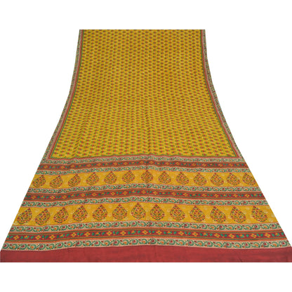 Sanskriti Vintage Sarees Yellow Pure Crepe Silk Printed Sari 5yd Craft Fabric