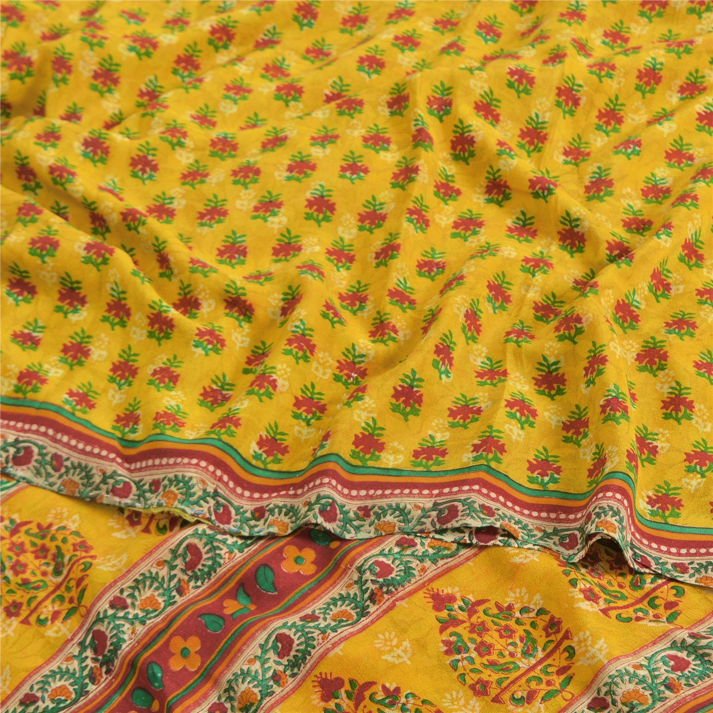 Sanskriti Vintage Sarees Yellow Pure Crepe Silk Printed Sari 5yd Craft Fabric