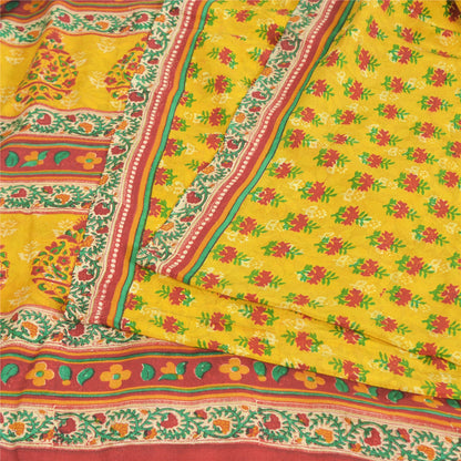 Sanskriti Vintage Sarees Yellow Pure Crepe Silk Printed Sari 5yd Craft Fabric