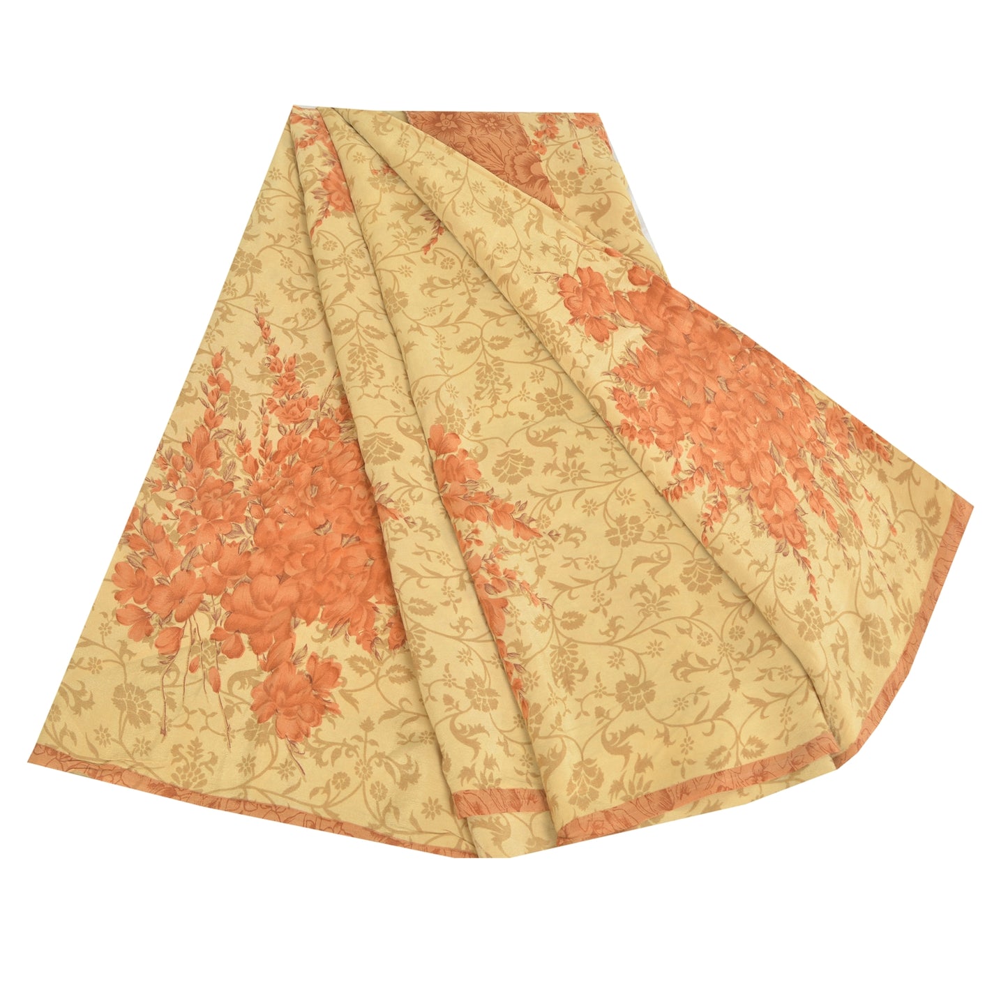 Sanskriti Vintage Sarees Cream/Orange Pure Crepe Printed Sari 5yd Craft Fabric