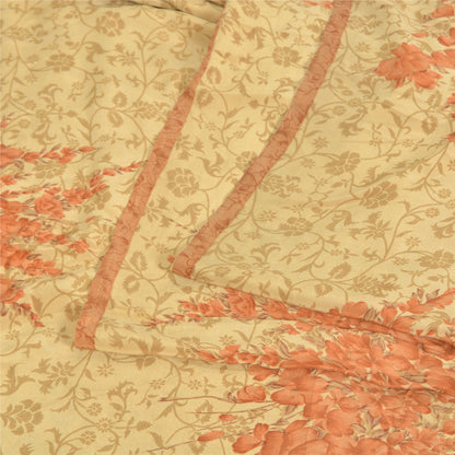 Sanskriti Vintage Sarees Cream/Orange Pure Crepe Printed Sari 5yd Craft Fabric