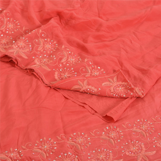 Sanskriti Vintage Sarees Coral 100% Pure Crepe Hand Beaded Sari 5yd Craft Fabric