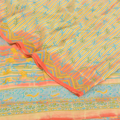 Sanskriti Vintage Sarees Cream 100%Pure Crepe Silk Printed Sari 5yd Craft Fabric