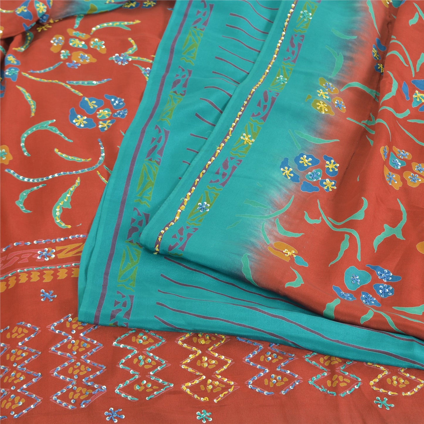 Sanskriti Vintage Sarees Blue Embordered Pure Crepe Print Sari 5yd Craft Fabric