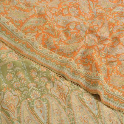 Sanskriti Vintage Sarees Orange Pure Crepe Mukesh Work Printed Sari Craft Fabric