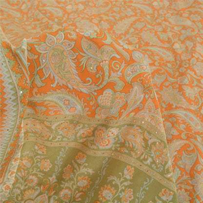 Sanskriti Vintage Sarees Orange Pure Crepe Mukesh Work Printed Sari Craft Fabric