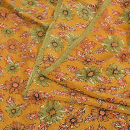 Sanskriti Vintage Sarees Mustard Pure Crepe Silk Printed Sari 5yd Craft Fabric