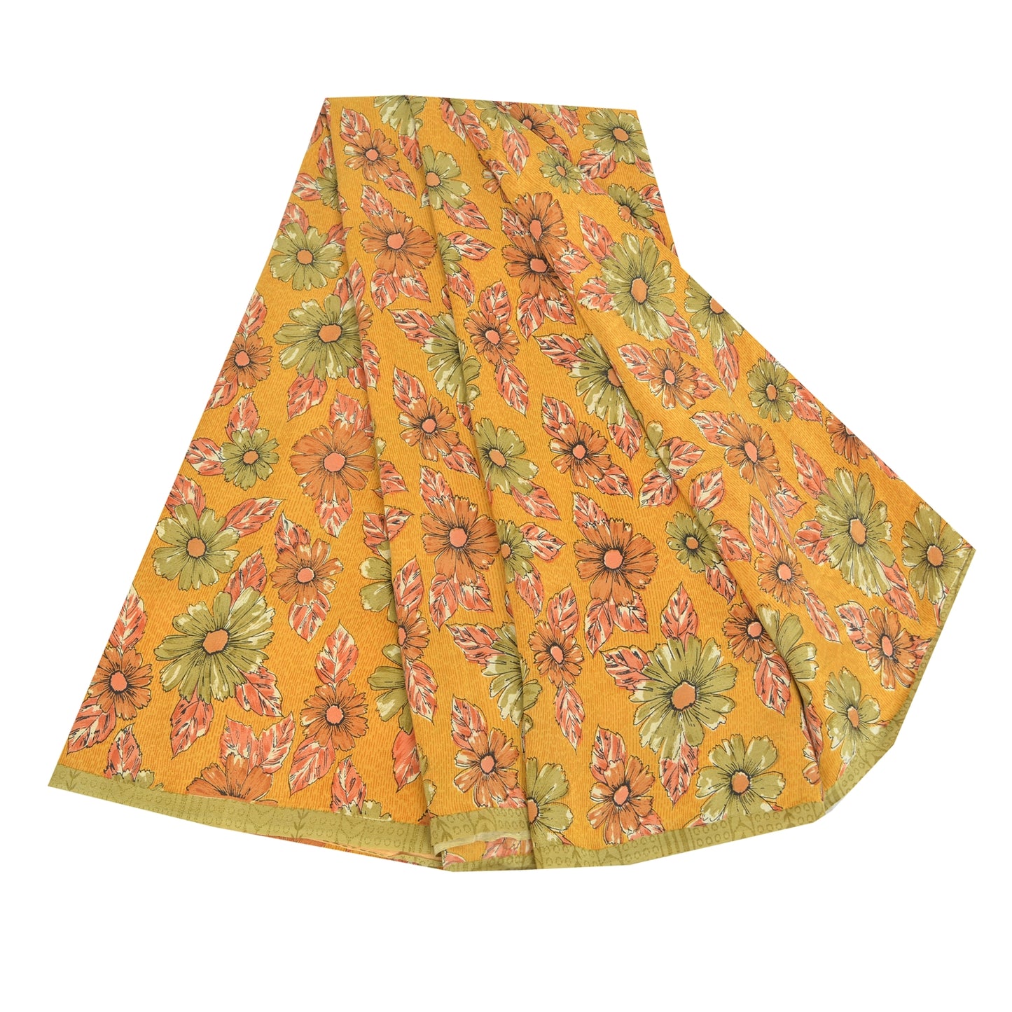 Sanskriti Vintage Sarees Mustard Pure Crepe Silk Printed Sari 5yd Craft Fabric