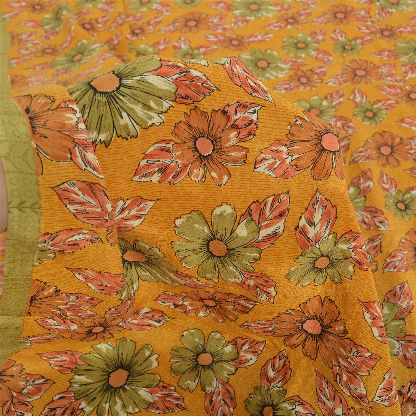 Sanskriti Vintage Sarees Mustard Pure Crepe Silk Printed Sari 5yd Craft Fabric