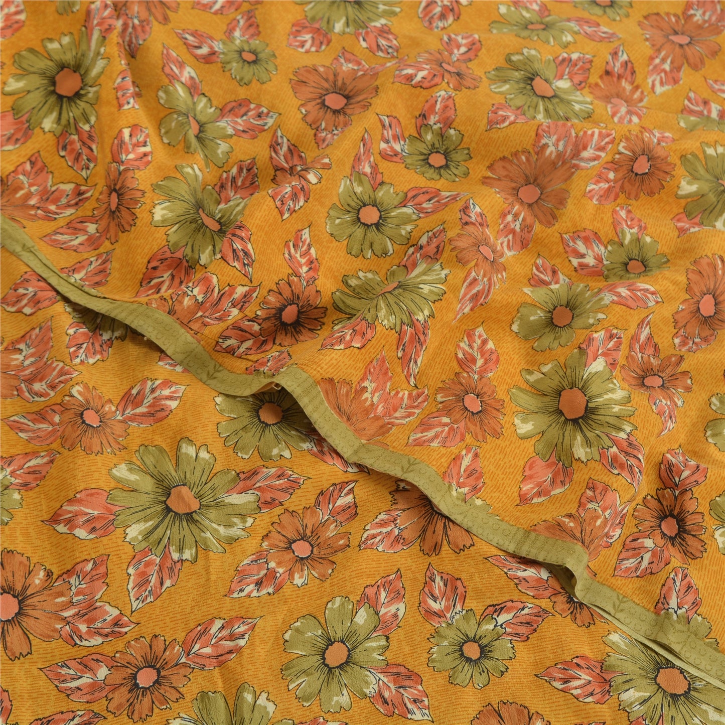 Sanskriti Vintage Sarees Mustard Pure Crepe Silk Printed Sari 5yd Craft Fabric