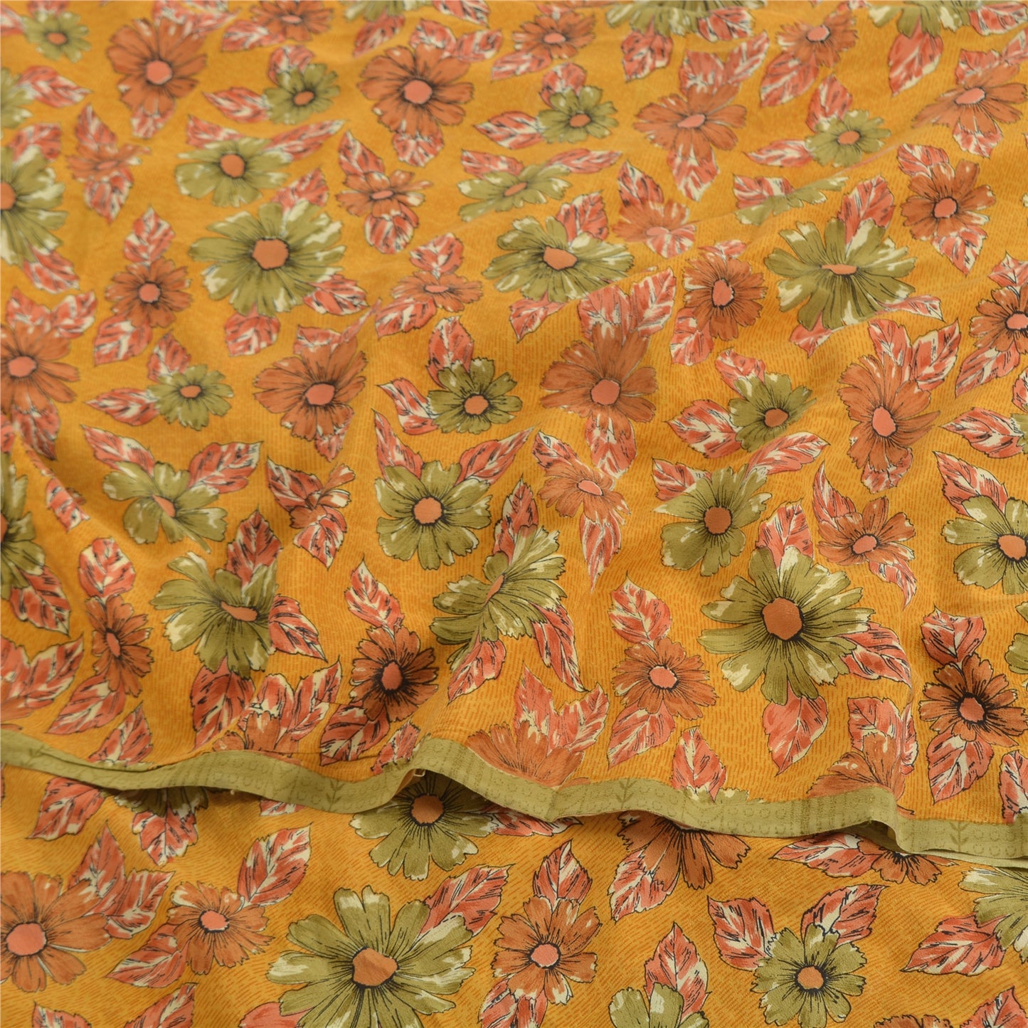 Sanskriti Vintage Sarees Mustard Pure Crepe Silk Printed Sari 5yd Craft Fabric