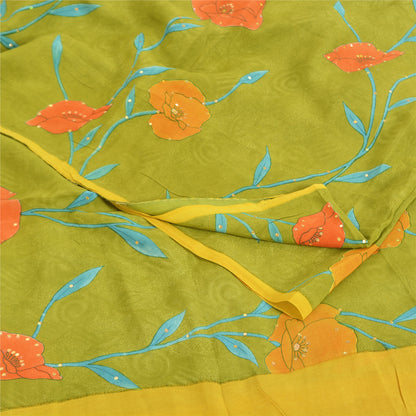 Sanskriti Vintage Sarees Green Pure Crepe Silk Hand Beaded Printed Sari Fabric