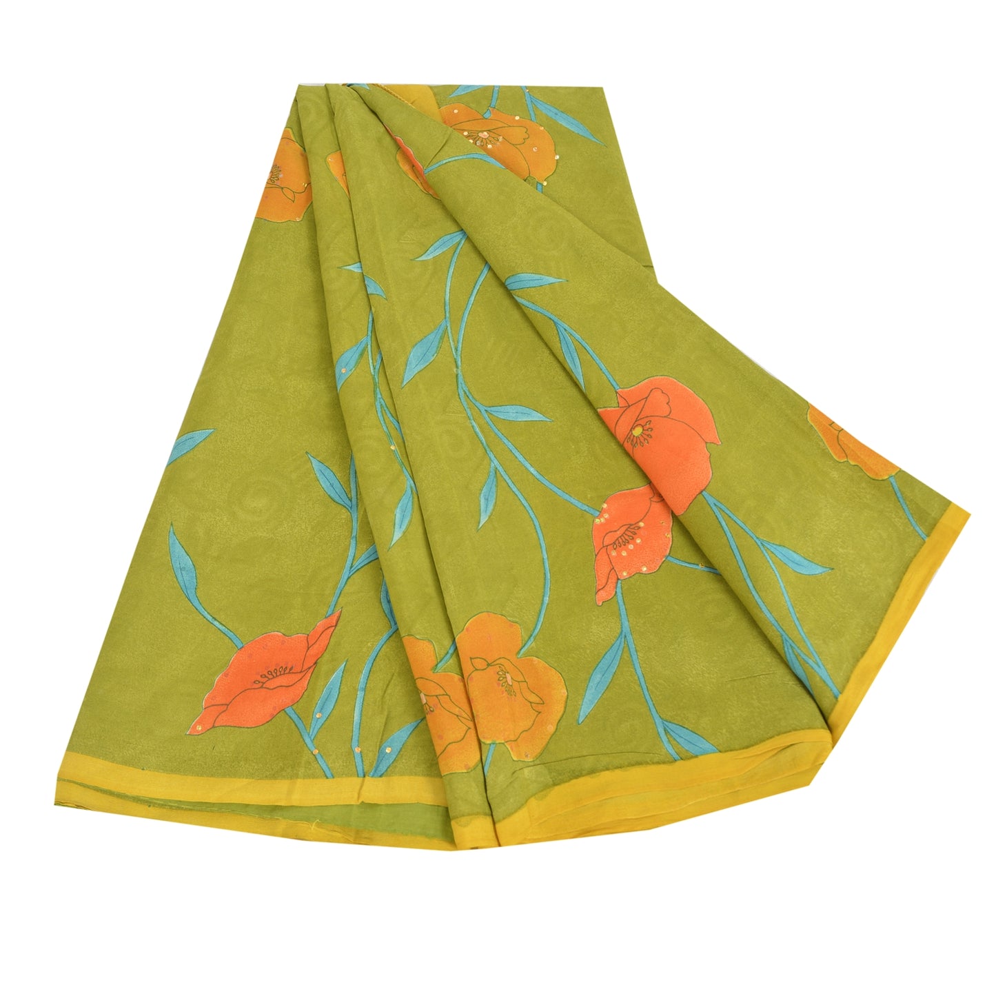 Sanskriti Vintage Sarees Green Pure Crepe Silk Hand Beaded Printed Sari Fabric