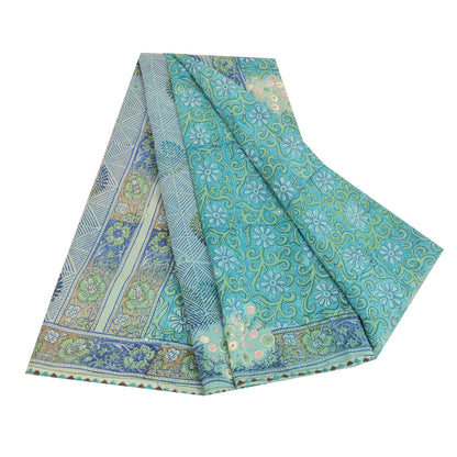 Sanskriti Vintage Sarees Blue Embroidered Pure Crepe Print Sari 5yd Craft Fabric