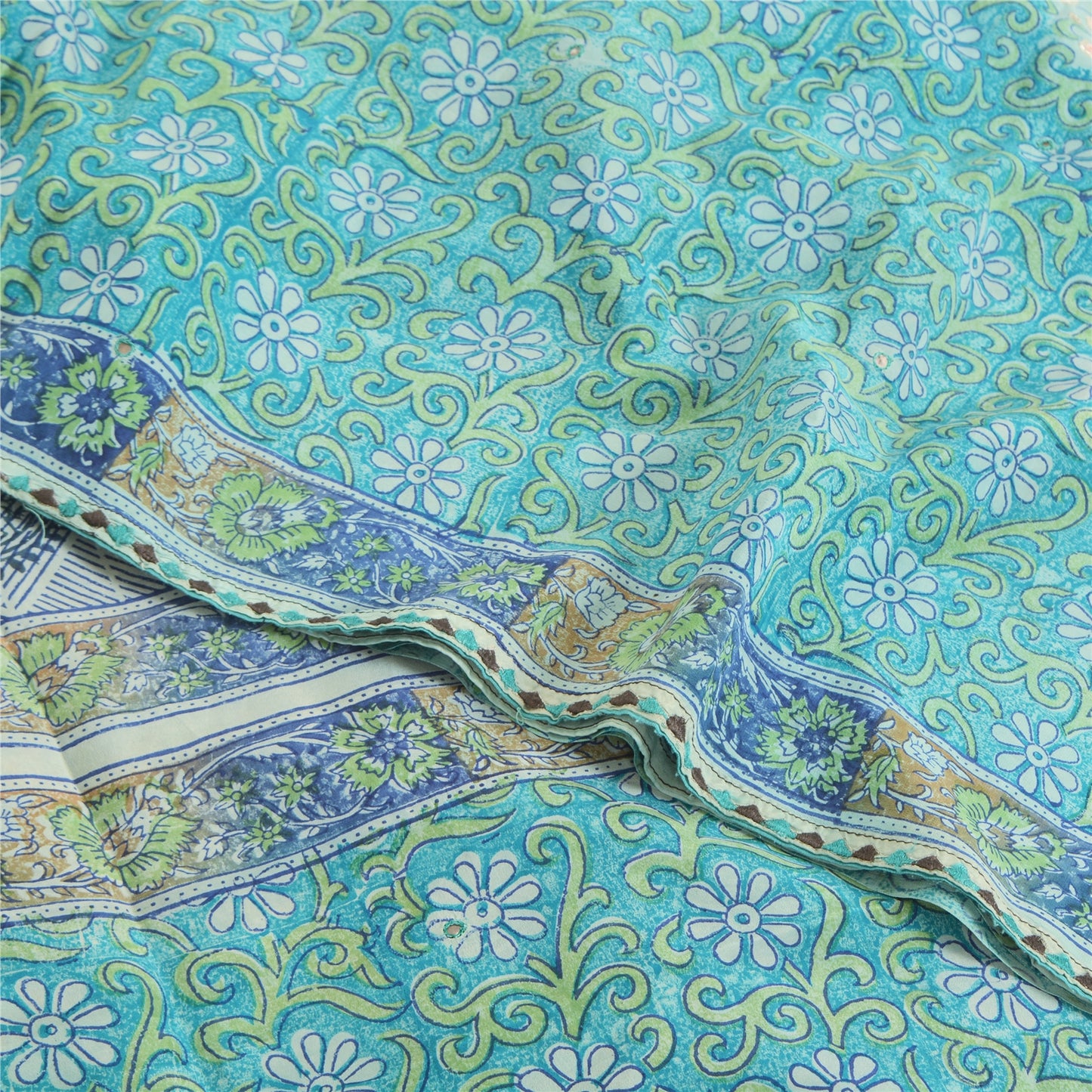 Sanskriti Vintage Sarees Blue Embroidered Pure Crepe Print Sari 5yd Craft Fabric