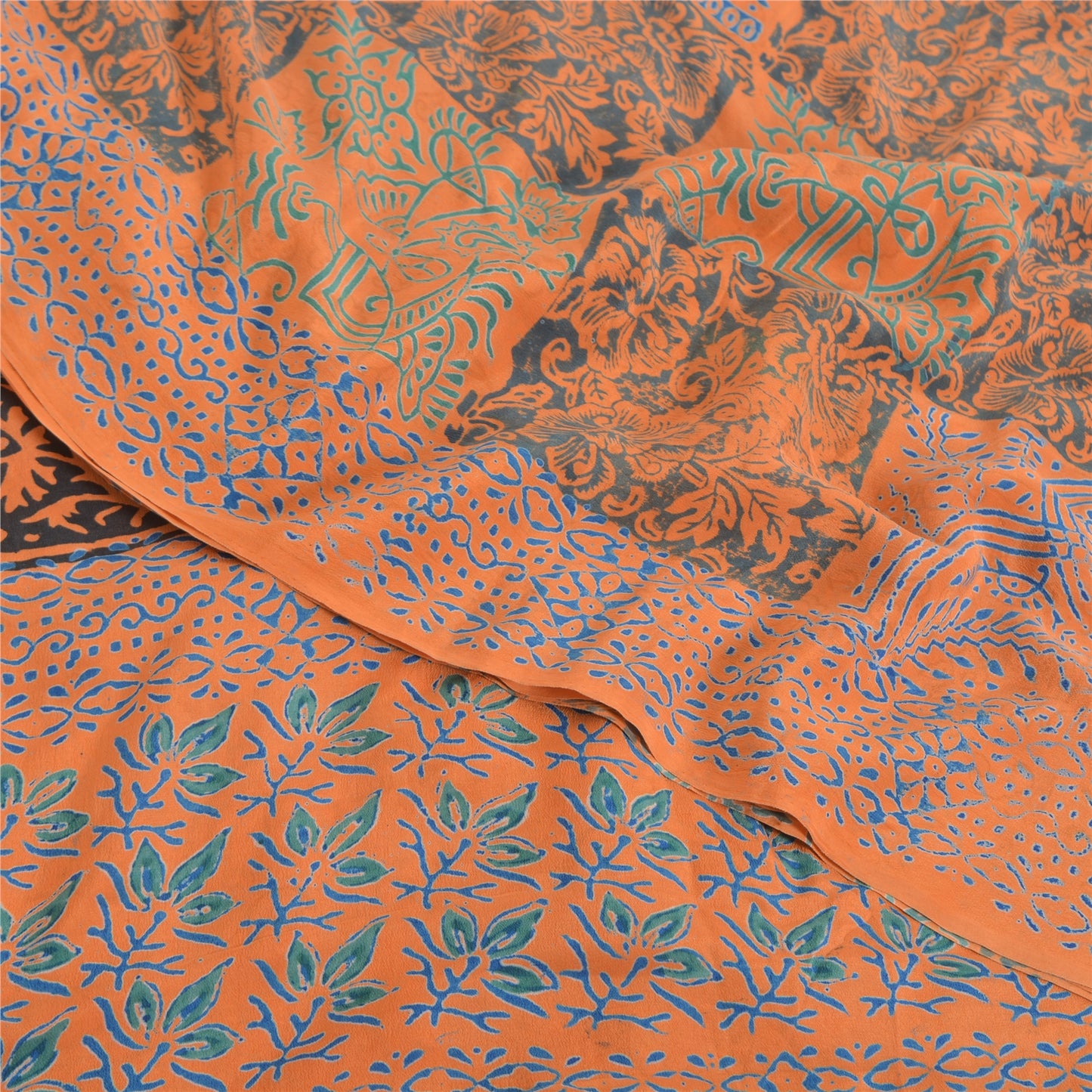 Sanskriti Vintage Sarees Orange/Blue Pure Crepe Silk Print Sari 5yd Craft Fabric