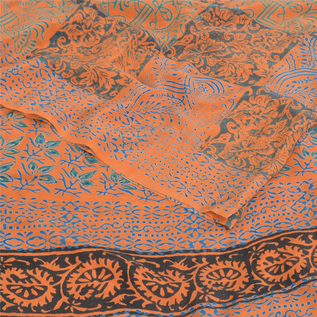 Sanskriti Vintage Sarees Orange/Blue Pure Crepe Silk Print Sari 5yd Craft Fabric