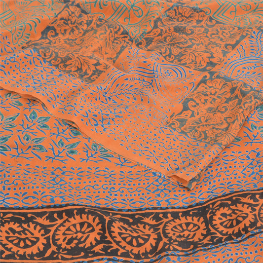 Sanskriti Vintage Sarees Orange/Blue Pure Crepe Silk Print Sari 5yd Craft Fabric