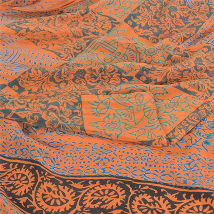 Sanskriti Vintage Sarees Orange/Blue Pure Crepe Silk Print Sari 5yd Craft Fabric