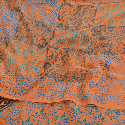 Sanskriti Vintage Sarees Orange/Blue Pure Crepe Silk Print Sari 5yd Craft Fabric