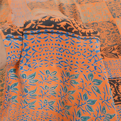 Sanskriti Vintage Sarees Orange/Blue Pure Crepe Silk Print Sari 5yd Craft Fabric