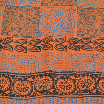 Sanskriti Vintage Sarees Orange/Blue Pure Crepe Silk Print Sari 5yd Craft Fabric