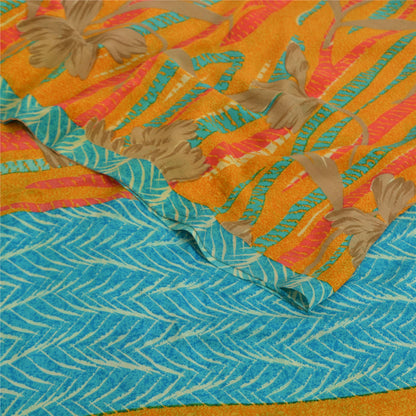 Sanskriti Vintage Sarees Saffron/Blue Pure Crepe Silk Printed Sari 5yd Fabric