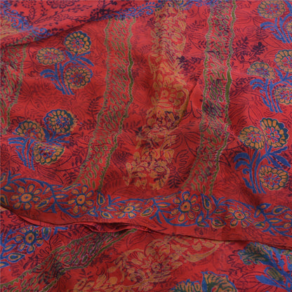 Sanskriti Vintage Sarees Red Indian Pure Crepe Silk Print Sari 5yd Craft Fabric