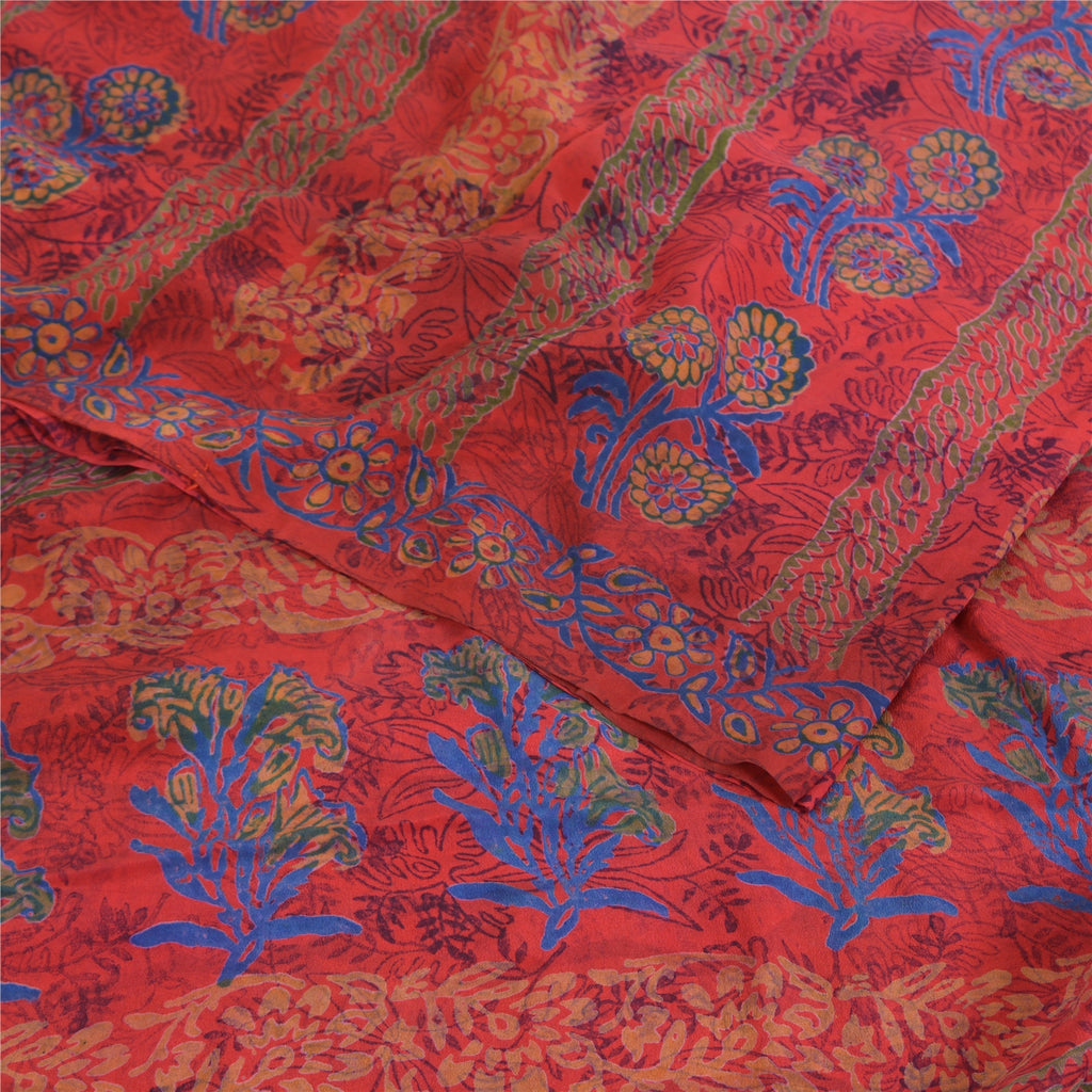 Sanskriti Vintage Sarees Red Indian Pure Crepe Silk Print Sari 5yd Craft Fabric