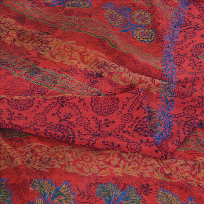 Sanskriti Vintage Sarees Red Indian Pure Crepe Silk Print Sari 5yd Craft Fabric