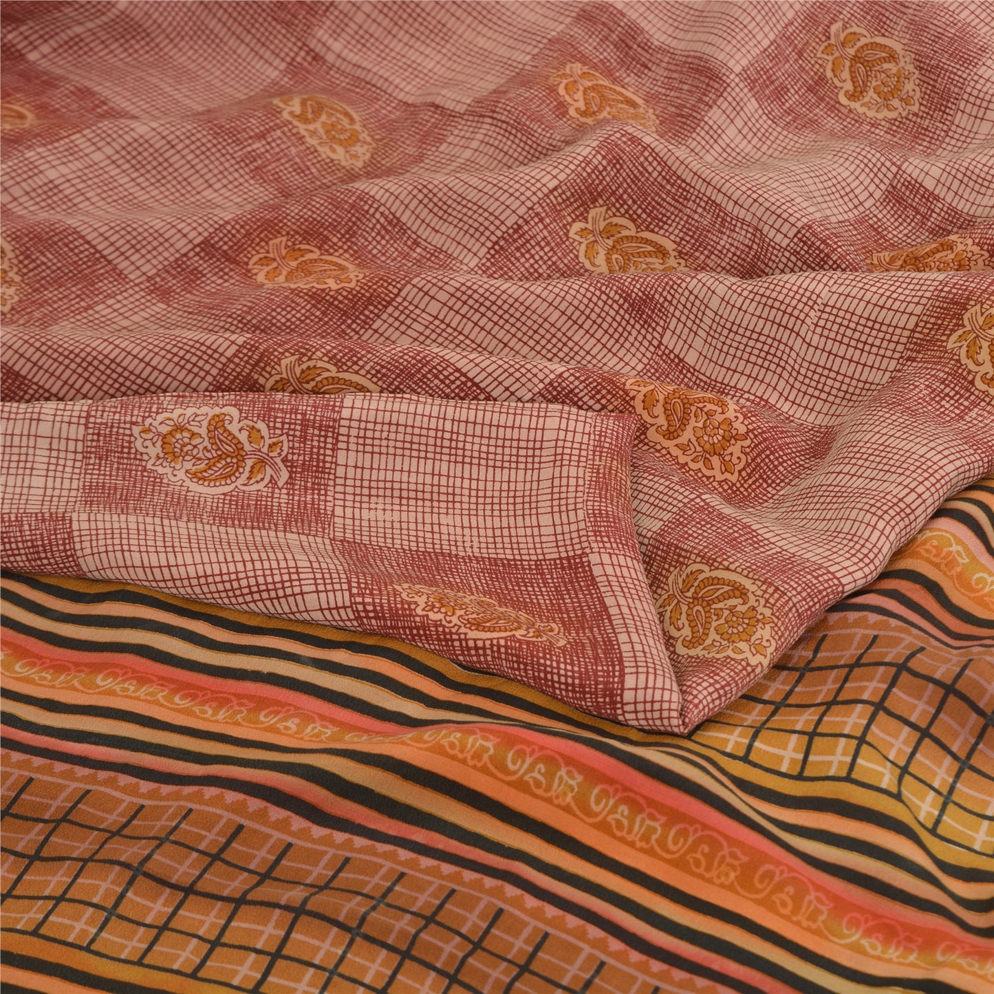 Sanskriti Vintage Sarees Dusty Pink Pure Crepe Silk Print Sari 6yd Craft Fabric