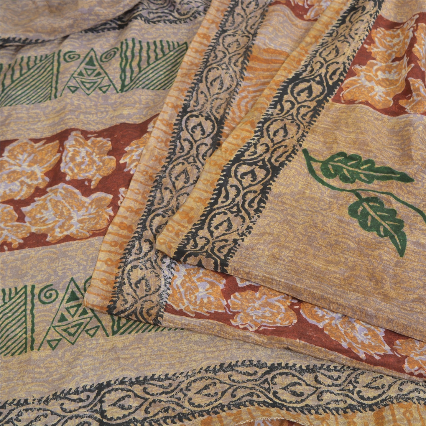 Sanskriti Vintage Sarees Cream Pure Crepe Silk Printed Sari 5yd Craft Fabric