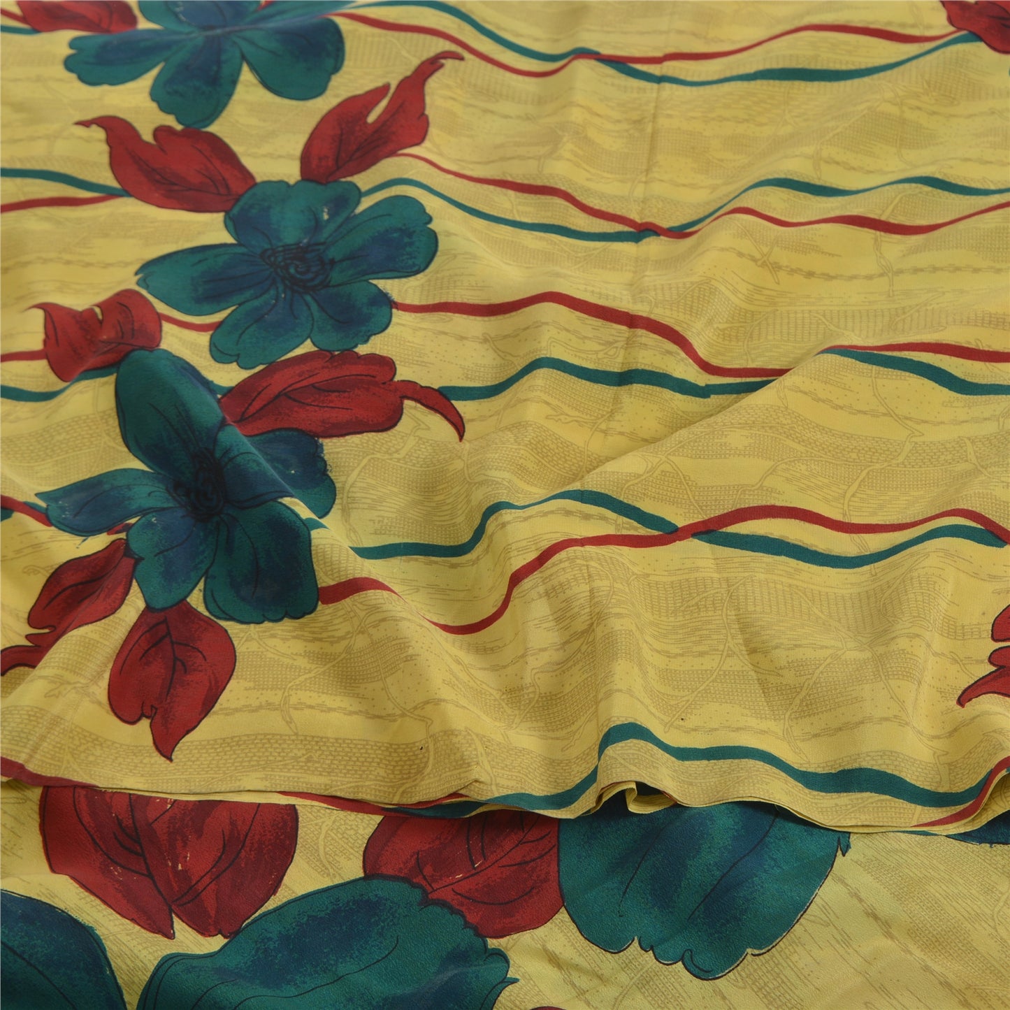 Sanskriti Vintage Sarees Yellow Pure Crepe Silk Printed Sari 5yd Craft Fabric