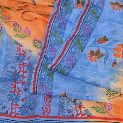 Sanskriti Vintage Sarees Orange/Blue Pure Crepe Silk Print Sari 5yd Craft Fabric