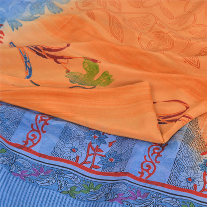 Sanskriti Vintage Sarees Orange/Blue Pure Crepe Silk Print Sari 5yd Craft Fabric