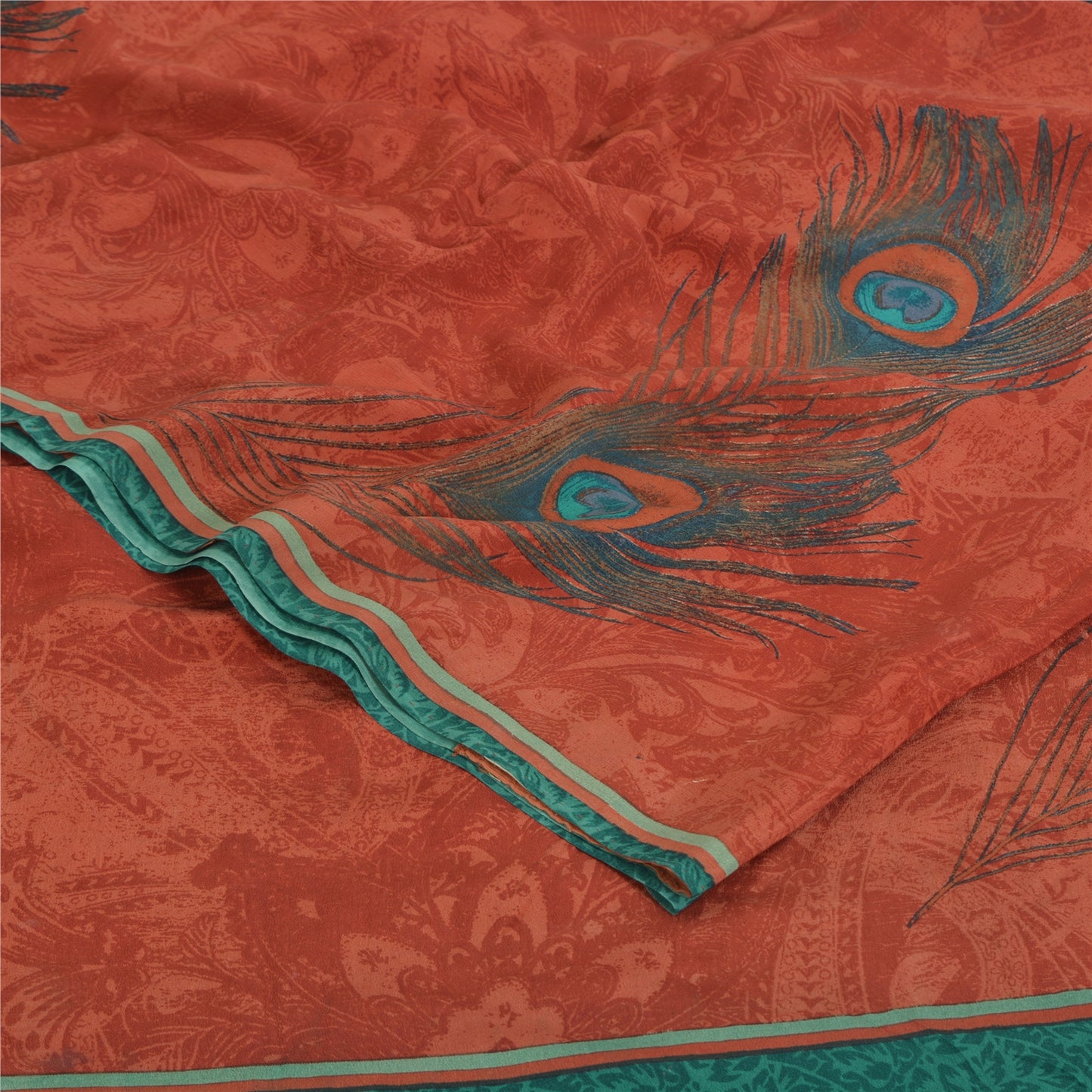 Sanskriti Vintage Sarees Orange Pure Crepe Peacock Feather Printed Sari Fabric