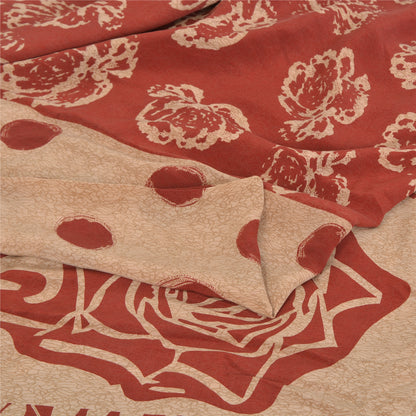 Sanskriti Vintage Sarees Red/Cream Pure Crepe Silk Printed Sari 5yd Craft Fabric