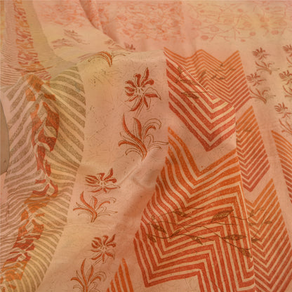 Sanskriti Vintage Sarees Peach Pure Crepe Silk Print Sari 5yd Soft Craft Fabric