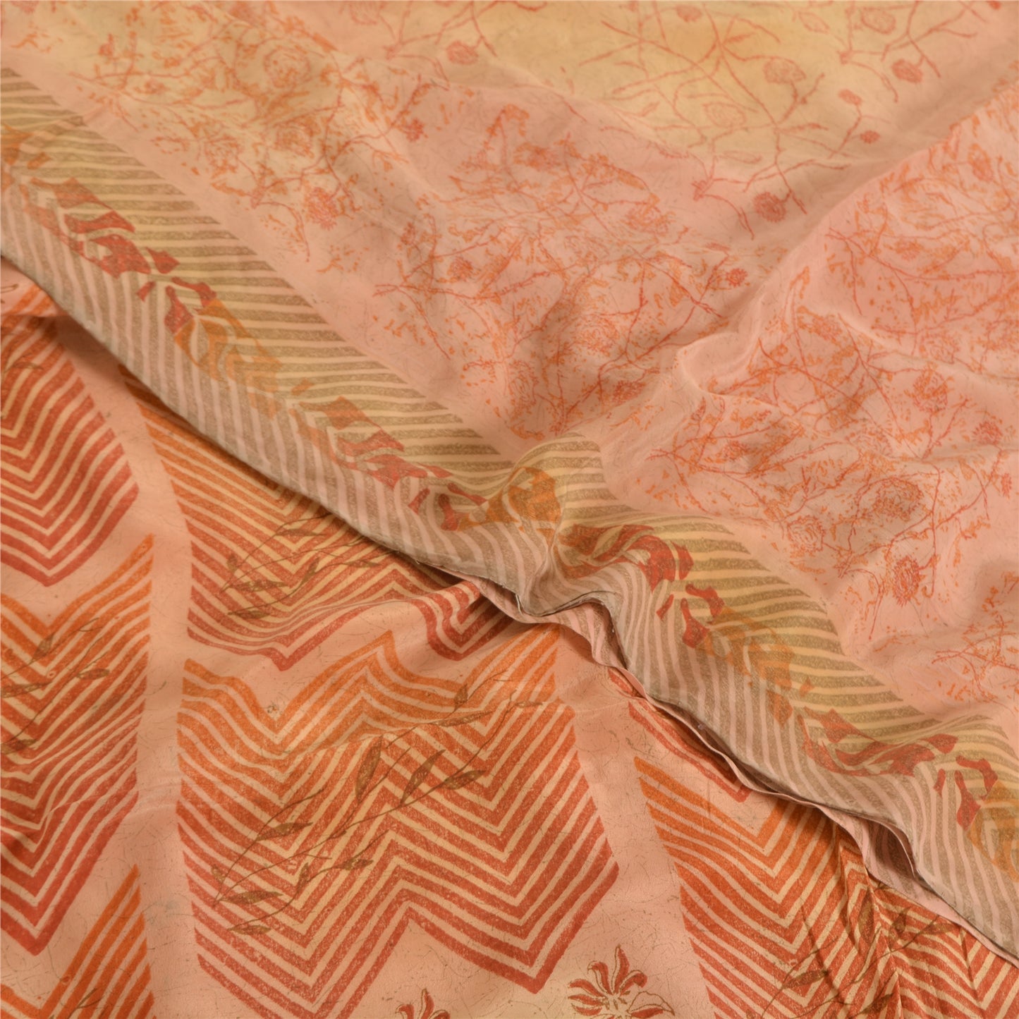 Sanskriti Vintage Sarees Peach Pure Crepe Silk Print Sari 5yd Soft Craft Fabric